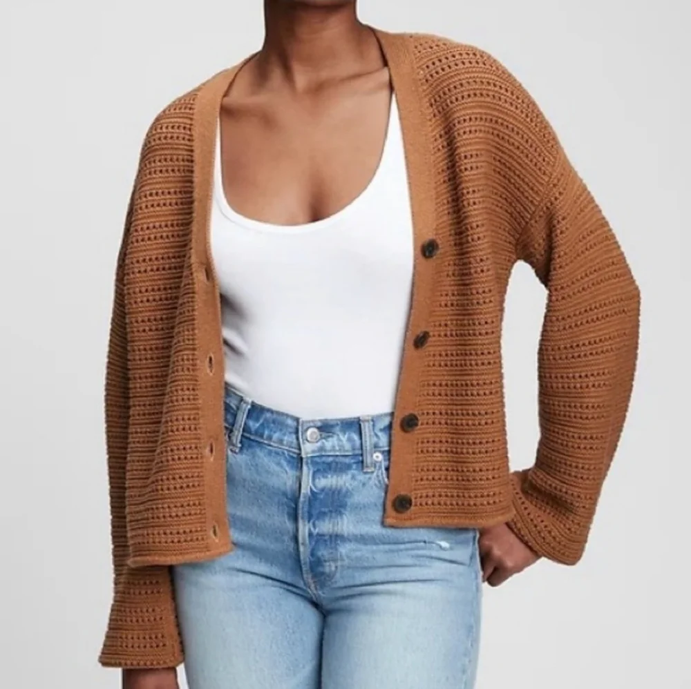 GAP Textured Button Front Open Stitch Cardigan Haystack Brown